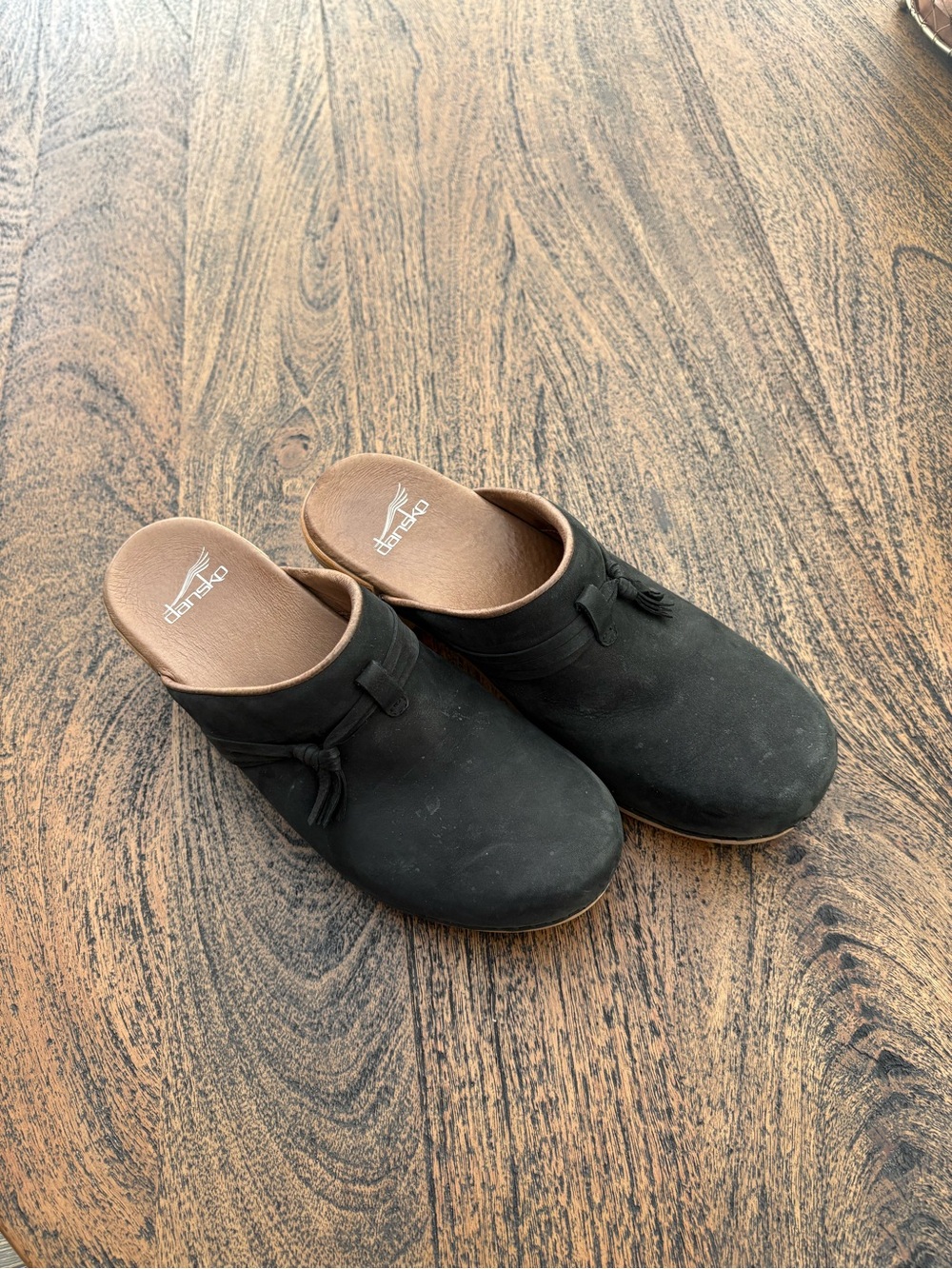 Dansko Black Slip-On Suede Clogs with Knot Detail